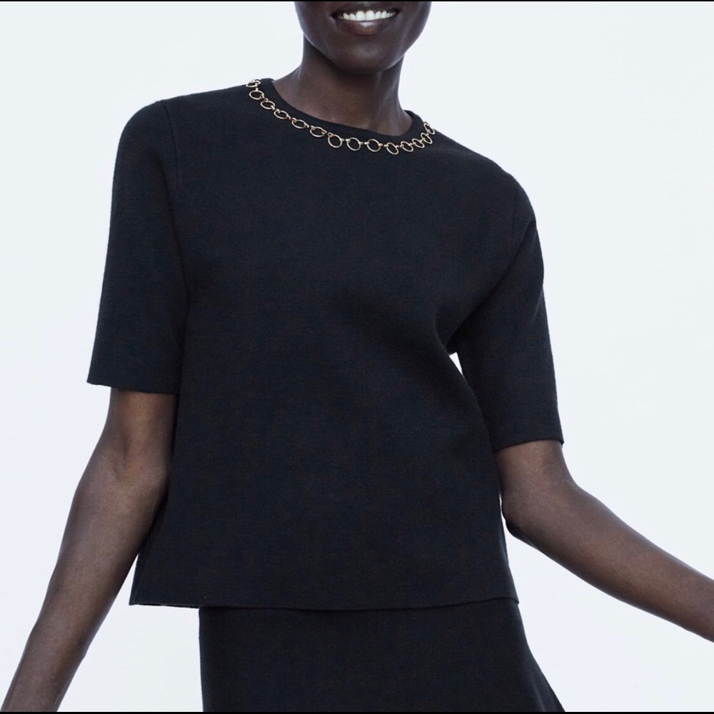 Black Zara Knit Top Medium With Chain detail